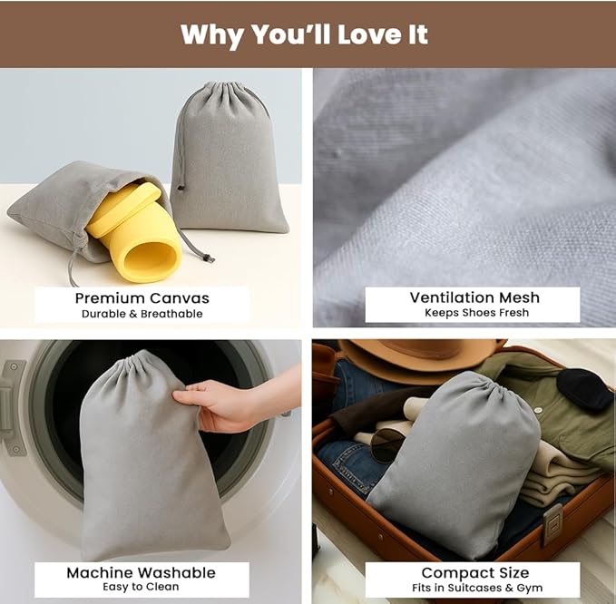 LFH Cotton Rich Shoe Storage Bags with Drawstring, Dustproof Breathable Reusable Organizer, Perfect For Travel, Dorm, Hotel, College, Gym, Easy to Carry, Machine Washable 8"x17" (Pack of 6) - Grey