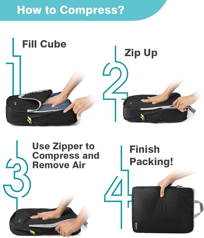 Gonex 10 Set Compression Packing Cubes, Expandable Storage Travel Bags for Suitcase, Luggage Organizers with Hanging Toiletry Bag Laundry Bag Shoe Bag Accessories Bag (Black)