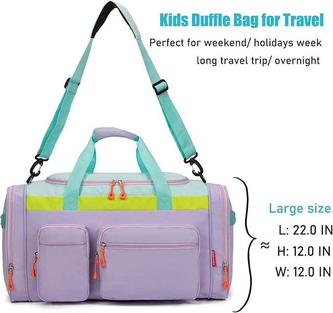HawLander Large Kids Duffle Bag for Travel, Overnight, or Weekender, 22" inch (Light Green)