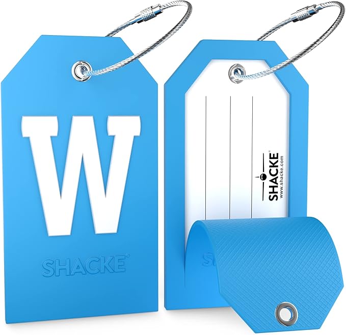 Shacke Initial Luggage Tag with Full Privacy Cover and Stainless Steel Loop - Aqua Teal (Letter W)