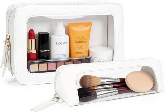 LETGO 2Pack Clear Makeup Bags Set, Small Clear Makeup Bag, PU Leather Travel Makeup Brush Case Portable Transparent Waterproof Cosmetic Organizer Pouch with Zipper for Women(2Pack-White Set)