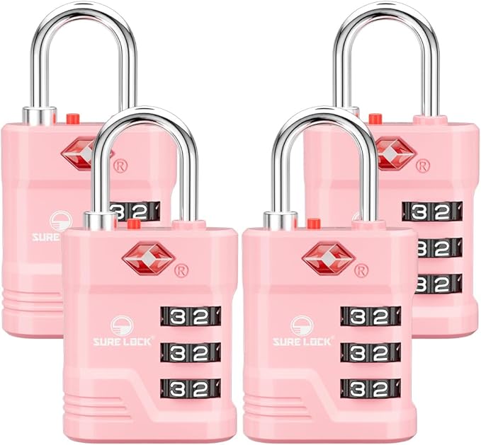 SURE LOCK TSA Approved Luggage Lock – 3-Digit Resettable Combination Padlock with Open Alert Red Dot, Large Easy-Read Dials for Suitcases, Backpacks, Gym & School Lockers(Pink 4 pk)