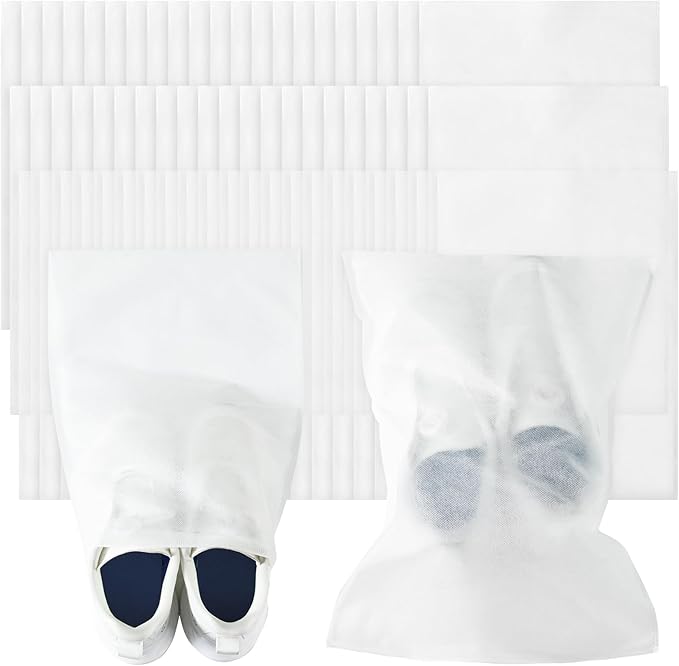 Sweetude 200 Pcs Dust Proof Shoe Bag Drawstring Storage Bag Non Woven Fabric Handbag Shoe Covers for Travel Breathable Pouch Portable Storage Organizer for Purse Boot, 11.81 x 15.75 Inch(White)