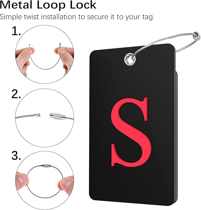 Gostwo 2 Pack Luggage Tags for Suitcases, 26 Initial Letter Travel Luggage Baggage Identification Labels ID Tag Fully Bendable Tags with Stainless Steel Loop (Black) (Letter S)