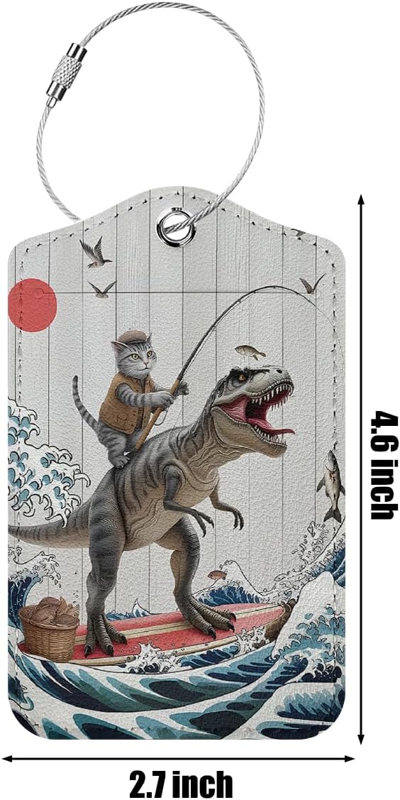 Funny Surfing Cat Riding a Dinosaur Luggage Tag, Suitcase Tags with Privacy Flap and Metal Loop, Luggage Tags for Suitcases, Identifiers Travel Essentials Bag Tag, Cat Lovers Gifts for Women Friends