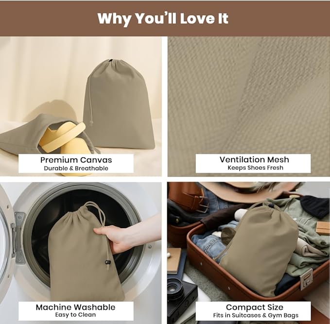 LFH Cotton Rich Shoe Storage Bags with Drawstring, Dustproof Breathable Reusable Organizer, Perfect For Travel, Dorm, Hotel, College, Gym, Easy to Carry, Machine Washable 8"x17" (Pack of 2) - Chambray