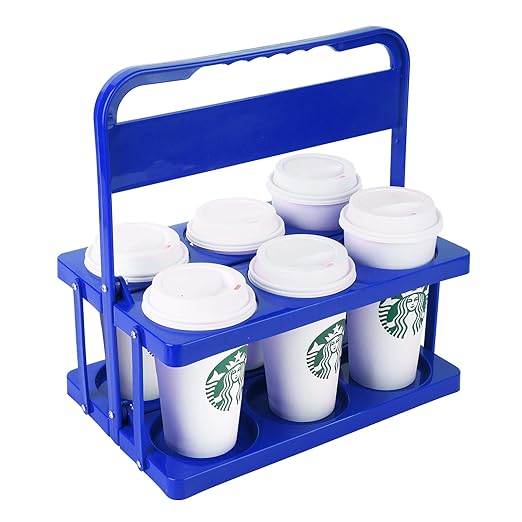 Bodaon 6 Cup Drink Carrier with Handle, Plastic Cup Holders for Take Out Delivery Drivers, Reusable Foldable Car Drink Caddy, Leakproof Food Delivery Accessories, 360° Secure Grip, Blue