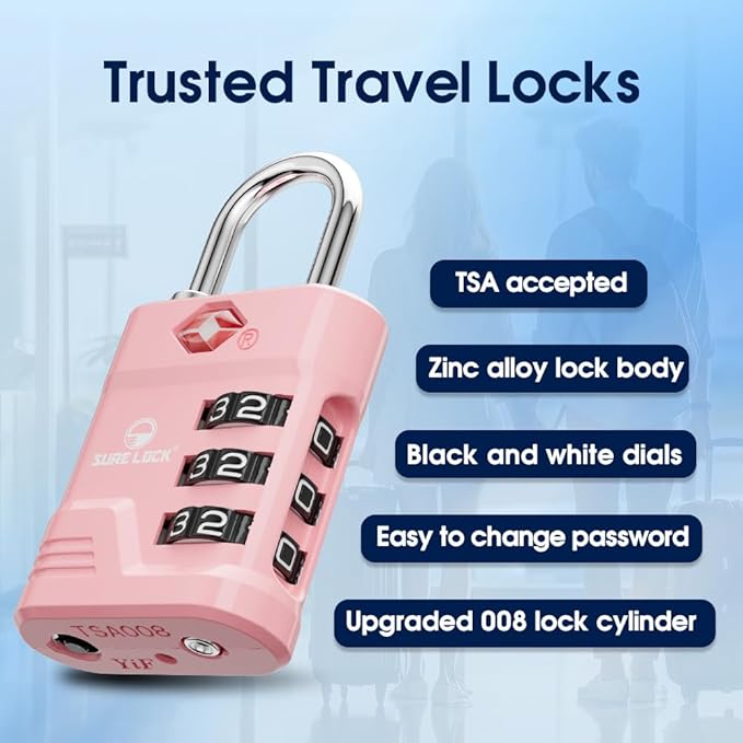 SURE LOCK TSA Approved Luggage Lock – 3-Digit Resettable Combination Padlock with Open Alert Red Dot, Large Easy-Read Dials for Suitcases, Backpacks, Gym & School Lockers(Pink 2 pk)