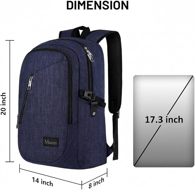 Mancro 17.3 in Business Laptop Backpack for Travel Water Resistant Anti-Theft Backpack with Lock Large Lightweight Computer Bag for Women Men, Blue