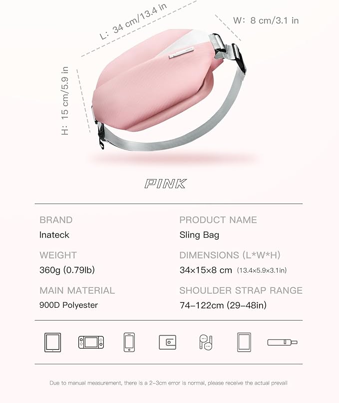 Inateck Sling Bag X, Multi-pocket Crossbody Shoulder Chest Bag with Adjustable Shoulder Strap, Water-resistant Waist Fanny Pack for Men, Women, Travel, Daily Use, Cycling, Hiking, Pink, Large