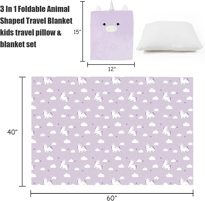3-in-1 Kids Travel Pillow and Blanket Set, Snuggle Pillow with Hand Warmer, 40x60 inches Unicorn Blanket for Girls Compact, Perfect for Travel, Camping, Home and Office