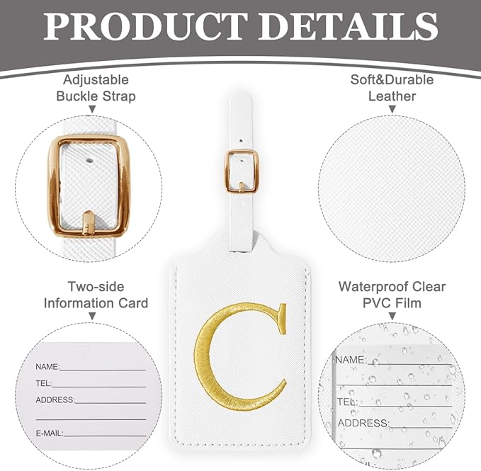 Personalized Initial Luggage Tags for Suitcases,Leather Letter Cute Luggage Tags with Privacy Name Card,Embroidered Monogrammed Travel Bag Backpack Tag Gifts for Women Kids Girls Teens(White-C)
