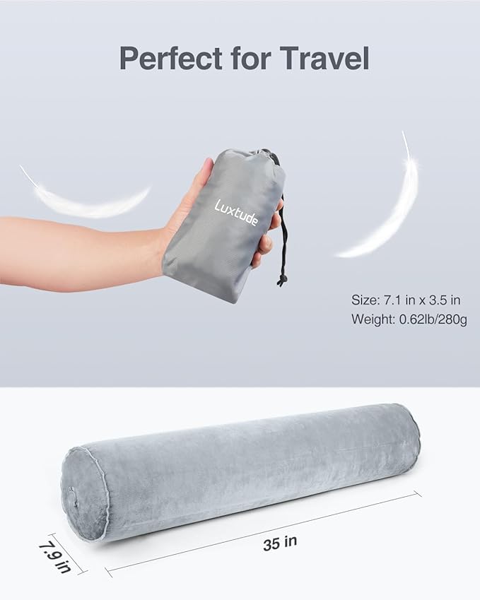 Luxtude Inflatable Body Pillow for Adults Kids, Travel Body Pillow with Soft Velvet, 35Inch Long Bolster Pillow for Bed, Round Cervical Roll Cylinder Pillow for Sleeping, Back, Neck etc.