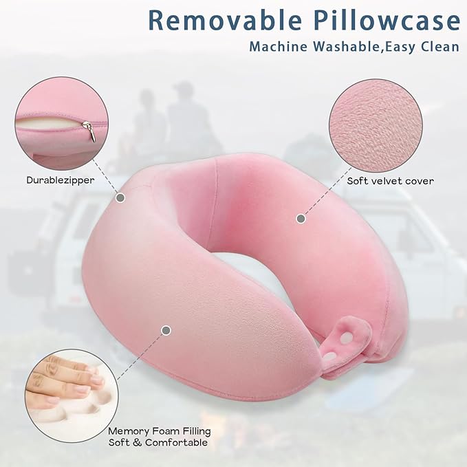 Travel Pillow Neck Pillow for Traveling Sleeping Memory Foam Neck Pillows Portable U-Shaped Neck Pillow Airplane Suitable for Camping Train Car Office Rest Pink