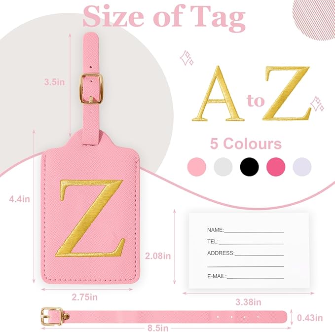 Personalized Initial Luggage Tags for Suitcases,Leather Letter Cute Luggage Tags with Privacy Name Card,Embroidered Monogrammed Travel Bag Backpack Tag Gifts for Women Kids Girls Teens(Pink-Z)