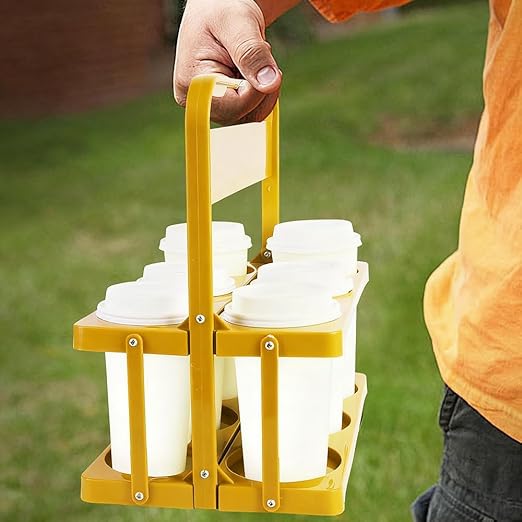 Bodaon 6 Cup Drink Carrier with Handle, Plastic Cup Holders for Take Out Delivery Drivers, Reusable Foldable Car Drink Caddy, Leakproof Food Delivery Accessories, 360° Secure Grip, Yellow