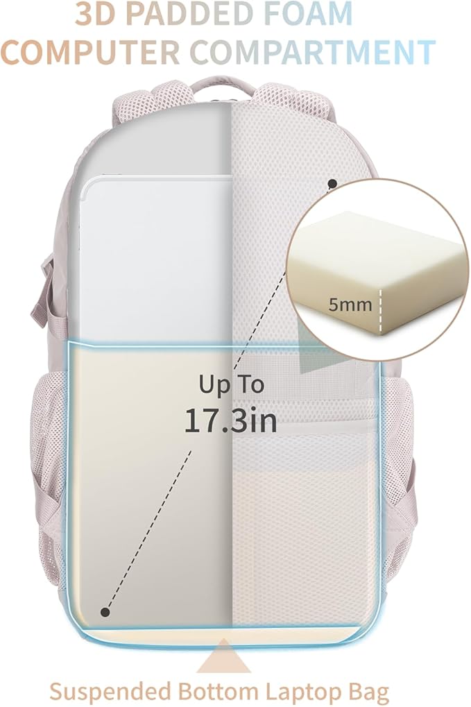 ECOHUB Travel Backpack for Women, 17.3 inch Suspended Laptop Backpack, Fashion Slim Water-Resistant College Computer Bookbag, 28L Personal Item Bag with 12 Pockets for Causal, Work, Beige