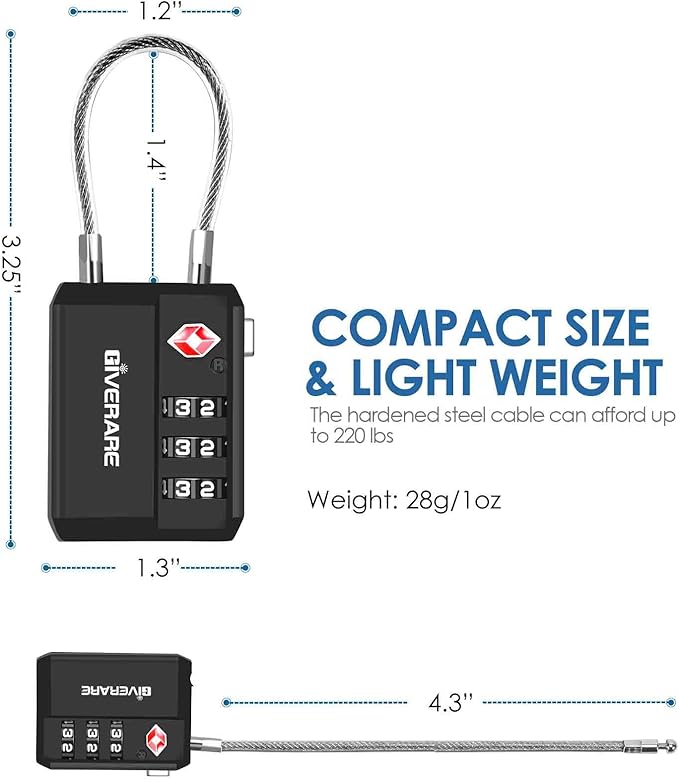 2 Pack TSA Approved Travel Luggage Locks, Cable Combination Lock 3-Digit, Keyless Suitcase Padlocks, Weatherproof Padlock for Locker, Golf Bag, Gun Case, Backpack, Anti Theft, Easy Read Dials-Black