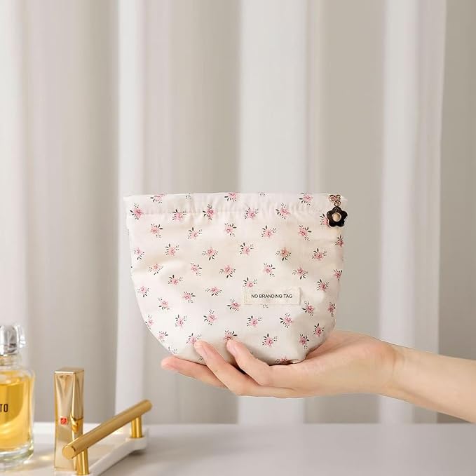 HAPPYHEIDI Makeup Bag Set of 2, Cute Accessory Pouch, Cotton, Floral, Zipper Closure, Large 10.2x7.8x2 Inches, Lightweight