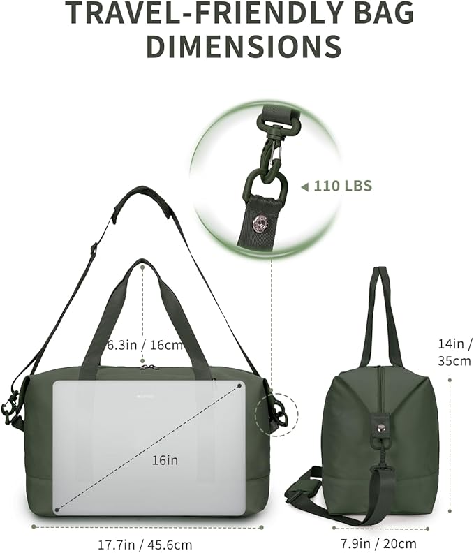 ECOHUB Travel Duffel Bag Water Resistant Weekender Bag Carry On Bags for Women Sport Gym Bags for Men Hospital Bag for Labor and Delivery Overnight Bag Luggage Bag with Trolley Sleeve 30L Army Green