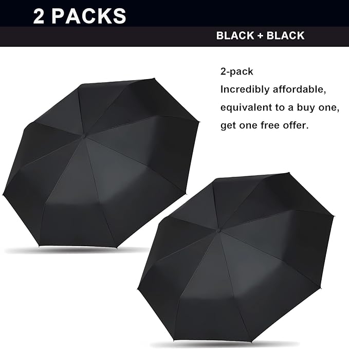 SIEPASA Two Packs Auto Open & Close Small Travel Umbrella Compact for Backpack-Umbrellas for Rain, Windproof Lightweight Strong Mini Portable Umbrellas for Men and Women.(Black, 2 Pack)