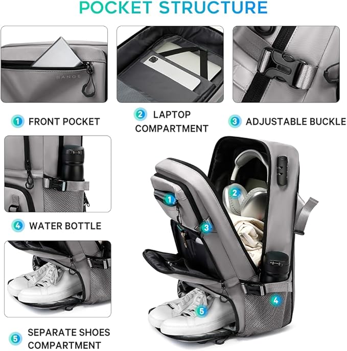 FUTURE AESTHEICS Travel backpack Carry-on Travel Backpack For Women Men Flight Approved Business Weekender Overnight Waterproof Daypack (Grey)