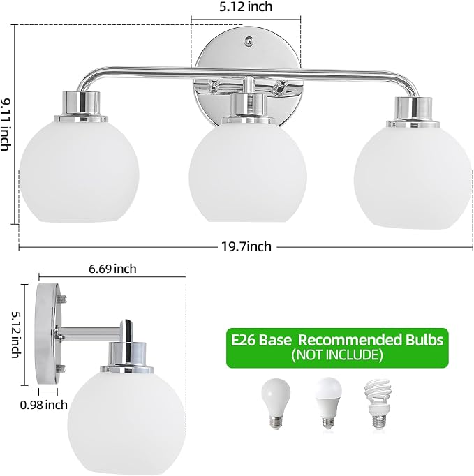 Chrome Vanity Light Bathroom Light Fixtures 3 Light Silver | Wall Sconces Lighting with Milk Globe Glass Shades Bath Wall Lamp for Mirror Kitchen Living Room Bedroom Hallway