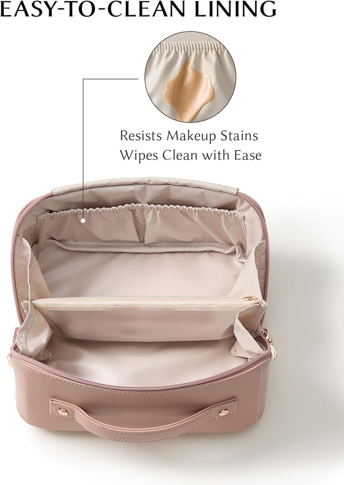 EACHY Travel Makeup Bag, Large Capacity Cosmetic Bag for Women, Waterproof PU Leather, Flat Open Portable Toiletry Bag for Skincare, Brushes & Travel Essentials