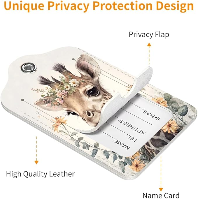 2 Pack Luggage Tag for Suitcase, Cute Unique Leather Bag Tags Identifiers Privacy Cover ID Label with Durable Steel Loop for Women Men Kids Girls Travel，GiraffeH