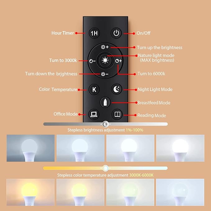 A19 LED Light Bulbs with Remote Control, 800LM 9W (60W Equivalent) Bulbs,Stepless Dimmable 3000K-6000K,E26 Base,CRI 80+,2.4GHz,25000+ Hours Lifespan,Light Bulb for Home Decor,4Bulb & 2Remote