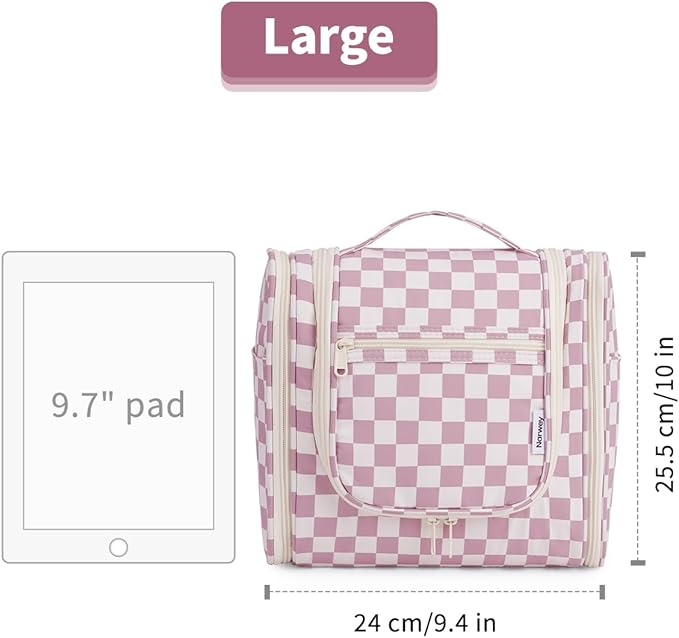 Narwey Checkered Hanging Travel Toiletry Bag for Women, Travel Bag for Toiletries, Makeup Bag Organizer Cosmetic Bags Make Up Bags for Women (Dusty Rose Checkerboard)