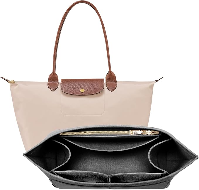 OPPOSHE Purse Organizer Insert for Longchamp Le Pliage, Premium Felt Long Champ Bag Handbag Women, Tote Organizer Insert with 9 Compartments (Medium, Grey)