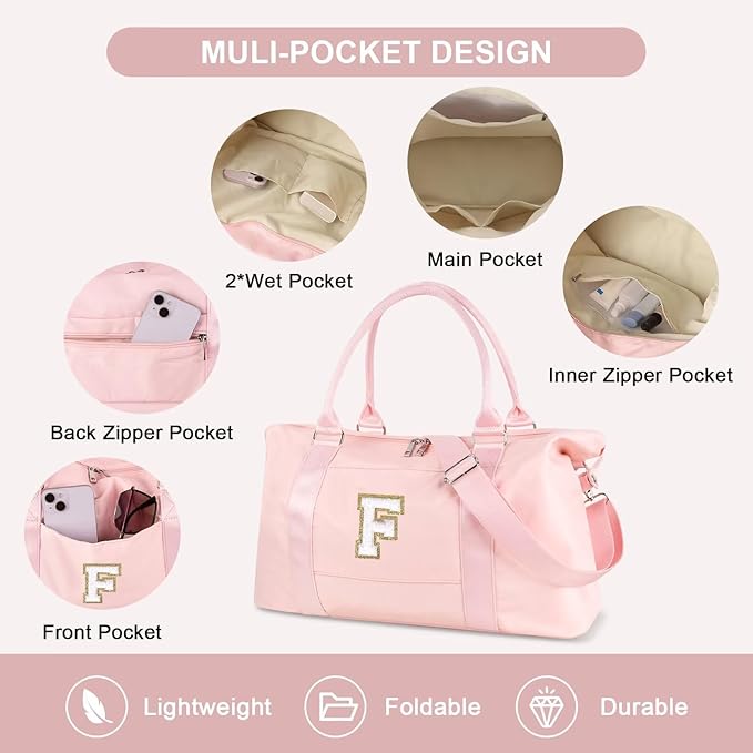 Dance Gym Duffel Bag for Teen Girls, Personalized Initial Travel Weekender Bag,Cute Overnight Carry On Duffle for Women,Sports Travel Cheer Bag,Monogram Christmas Gifts for Tween Preppy(pink-F)