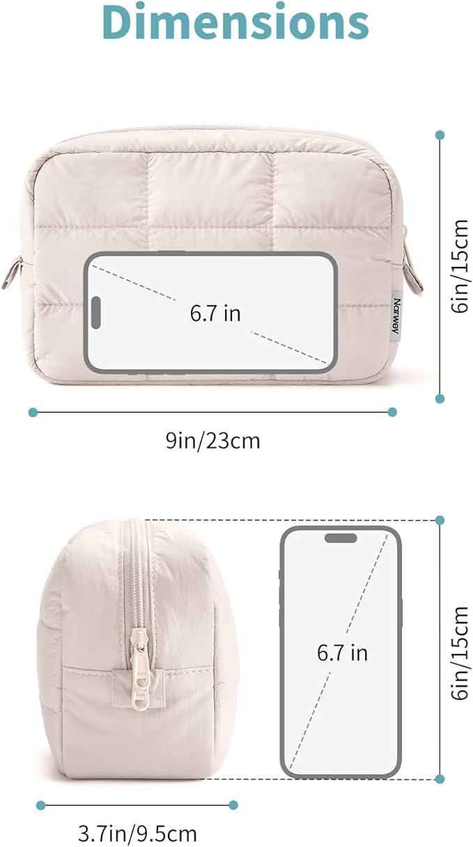 Narwey Puffer Travel Makeup Bag for Women Girl, Quilted Puffy Cosmetic Bag Make Up Bag Organizer, Cute Travel Toiletry Bag for Toiletries (Beige)