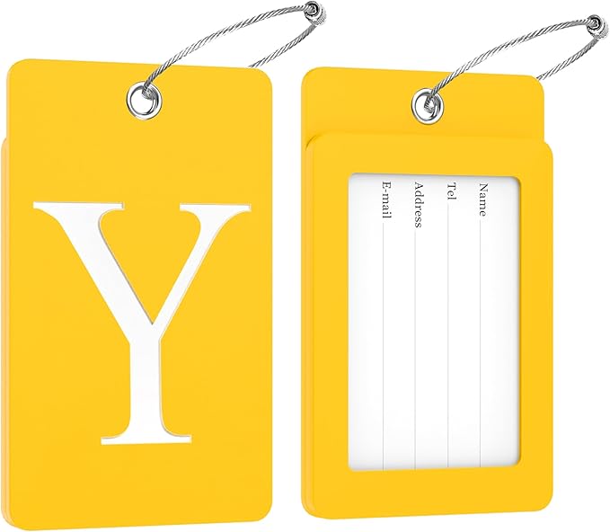 Gostwo 2 Pack Luggage Tags for Suitcases, 26 Initial Letter Travel Luggage Baggage Identification Labels ID Tag Fully Bendable Tags with Stainless Steel Loop (Yellow) (Letter Y)