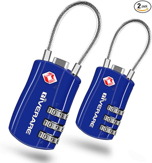 GIVERARE 2 Pack TSA Approved Luggage Locks, Combination Travel Cable Lock, Re-settable 3-Digit Padlocks with Alloy Body, Keyless TSA Padlock for Gym Locker, Golf Bag Case-Blue