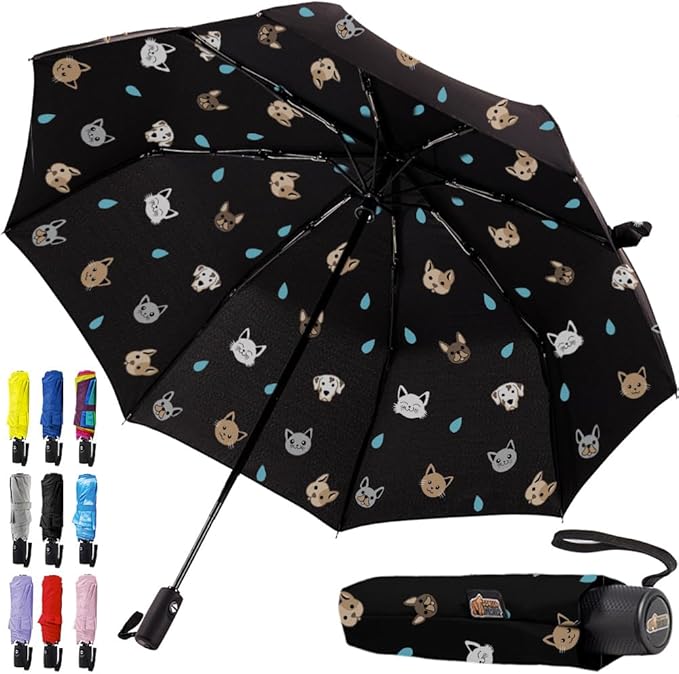GORILLA GRIP Strong Windproof Stick Compact Umbrella for Rain, One-Click Automatic Open and Close, Durable Quick Dry Waterproof Material, Lightweight and Portable, Travel Size Fits Backpack, Cats Dogs