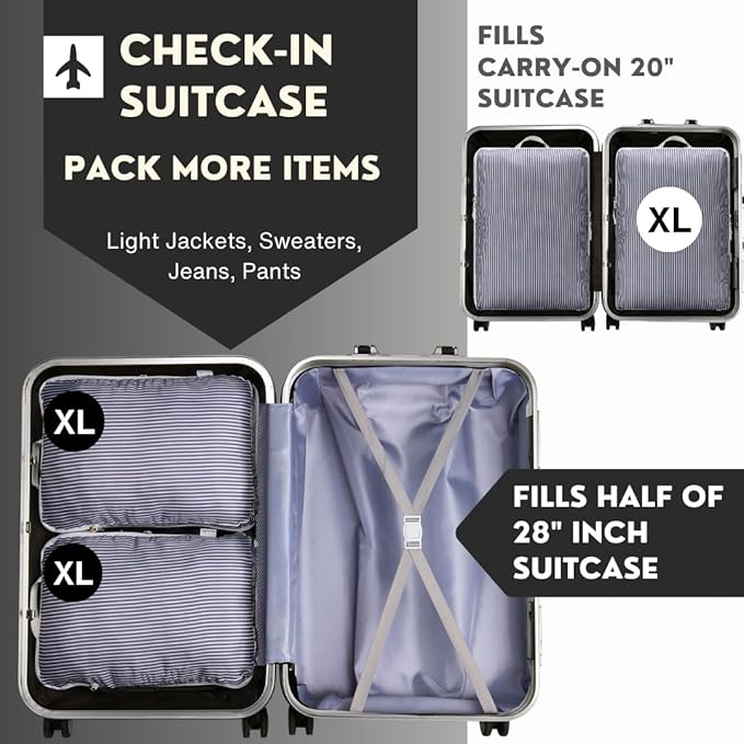 Extra Large Compression Packing Cubes for Checked Luggage, Lightweight Suitcase Organizers & Space Saver Bags - Travel Cubes for Packing - Travel Essentials - 2 Piece Set, X-Large - Grey Stripe