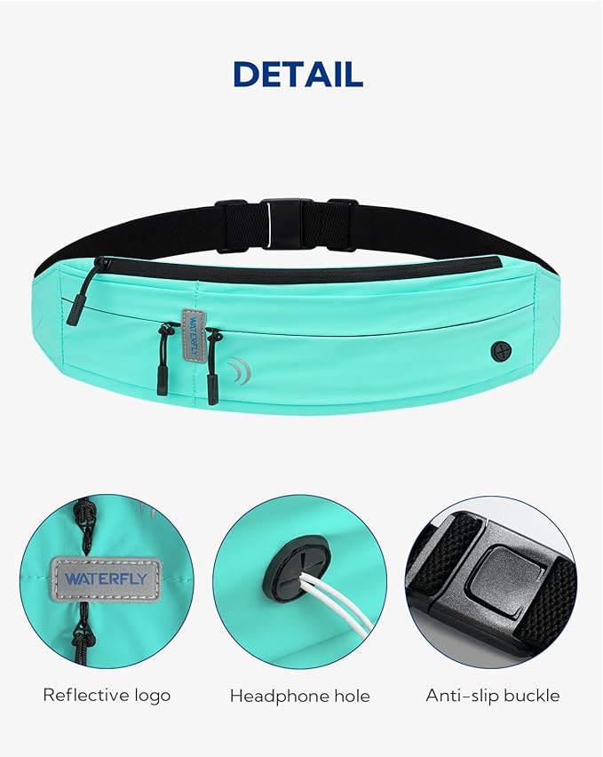 WATERFLY Running Belt Fanny Pack: Runner Marathon Jogging Waist Pack Sport Workout Exercise Fitness Phone Holder Belt for Men Women Jogger Slim Waistband Black