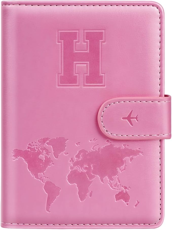 Passport Holder Cover Initail Letter A-Z Travel Wallet Embossed Design RFID Blocking Card Holder Personalized Gift Passport Cover Wallet, Passport Book Holders for Women and Girls, Pink-H