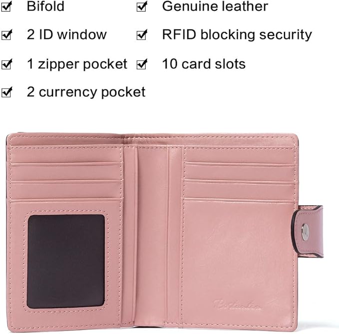 BOSTANTEN Women Leather Wallet RFID Blocking Small Bifold Zipper Pocket Wallet Card Case Purse with ID Window