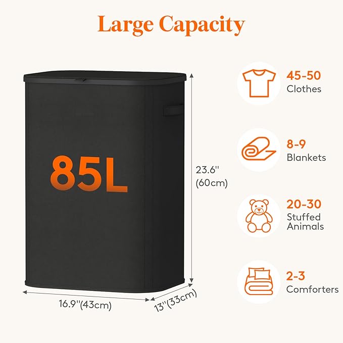 Lifewit 85L Large Laundry Basket with Lid, Laundry Hamper with Plastic Handles and Removable Bag, Foldable Tall Dirty Clothes Hampers for Laundry for Laundry Room, Bedroom, Bathroom, Dorm, Black