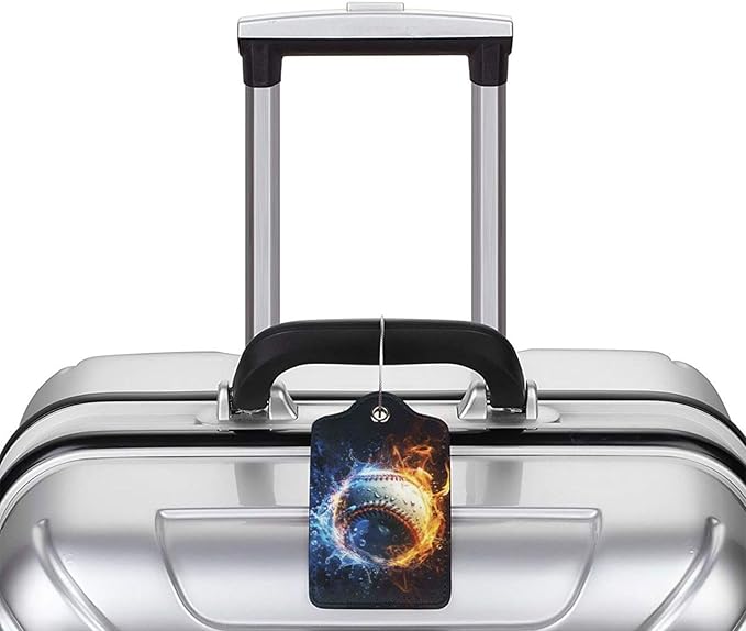 2 Pack Luggage Tags for suitcases Baseball Water Fire TSA Approved Label Luggage Tag Baggage Tag Leather Stainless Steel Loop Label Tag for Men Women Travel Bag Suitcase