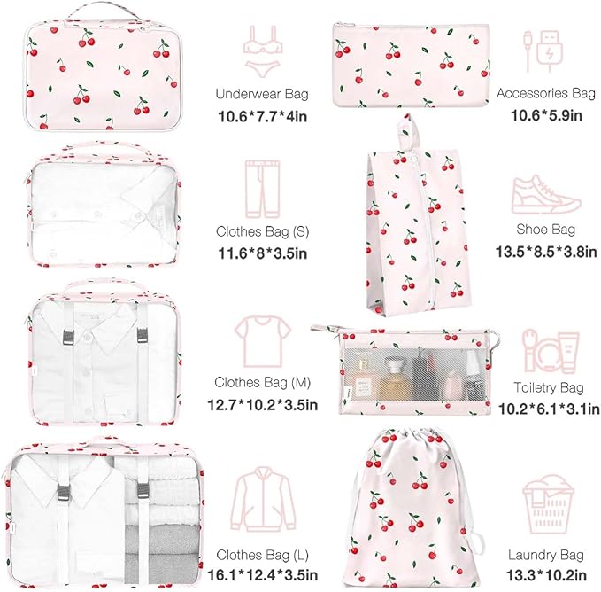 8 Set Packing Cubes for Suitcases,Packing Cube with Shoe, Cosmetics, Clothing, and Accessories Bags Packing Cubes for Travel Luggage Organizer Women Men(Cherry)