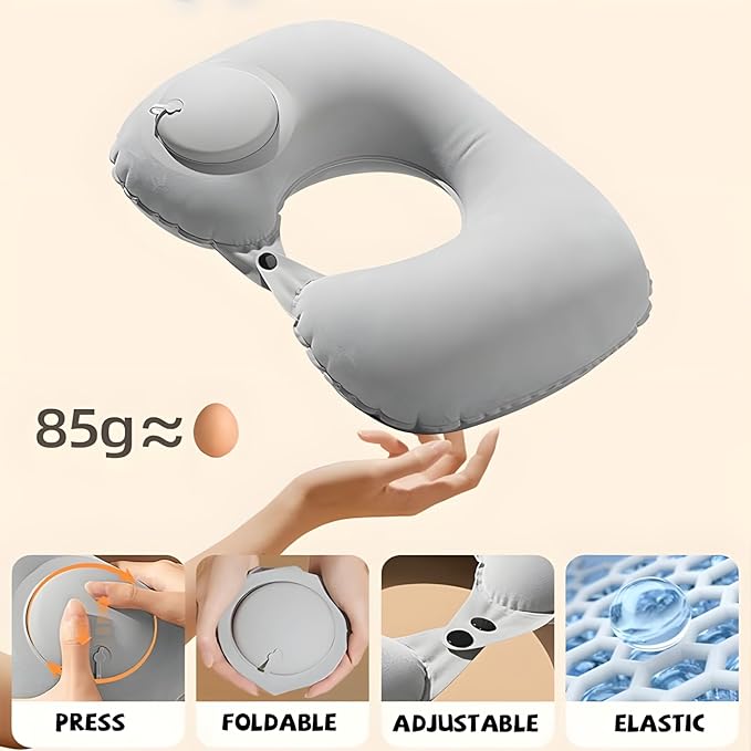 Portable Inflatable Neck Pillow for Travel - Quick-Inflate Airplane Pillow, Compact Adjustable Support for Flights Cars Trains