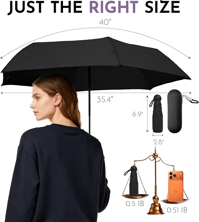 Travel Mini Umbrella Compact Small & Lightweight, UV Rain Protection, Pocket-Sized Folding Umbrellas with Quickdraw & Case for Men Women & Kids Backpack