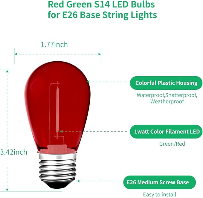 Meconard S14 Colored LED String Light Bulbs, 24-Pack 1W Plastic Shatterproof Waterproof Outdoor Indoor Replacement Bulbs for Home Decor, E26 Medium Screw Base, Red and Green Christmas Bulbs