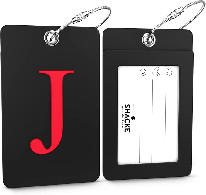 Shacke Luggage Tag Initial - Fully Bendable Tag w/Stainless Steel Loop - Black (Letter J)