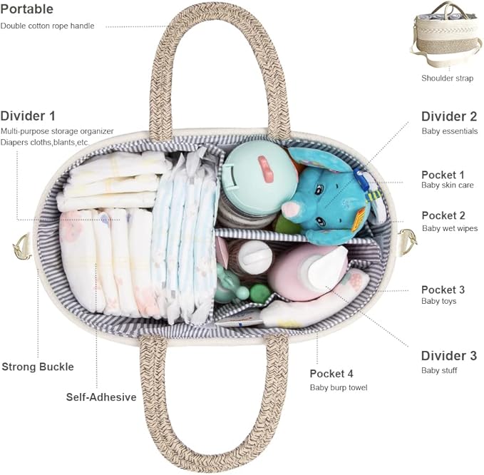 Baby Diaper Caddy Organizer, Shoulder Strap Buckle, 4 Inner Pockets Portable Nursery Storage Basket with Detachable Compartments,100% Cotton Woven Bin (Small, Yellow)