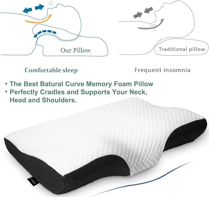 Contour Memory Foam Pillow Orthopedic Sleeping Pillows, Ergonomic Cervical Pillow for Neck Pain - for Side Sleepers, Back and Stomach Sleepers, Free Pillowcase Included (Firm & Standard Size
